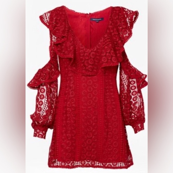 FRENCH CONNECTION Red Lace Ruffle Cold Shoulder Mini Dress Party Cocktail 8 - Picture 3 of 10
